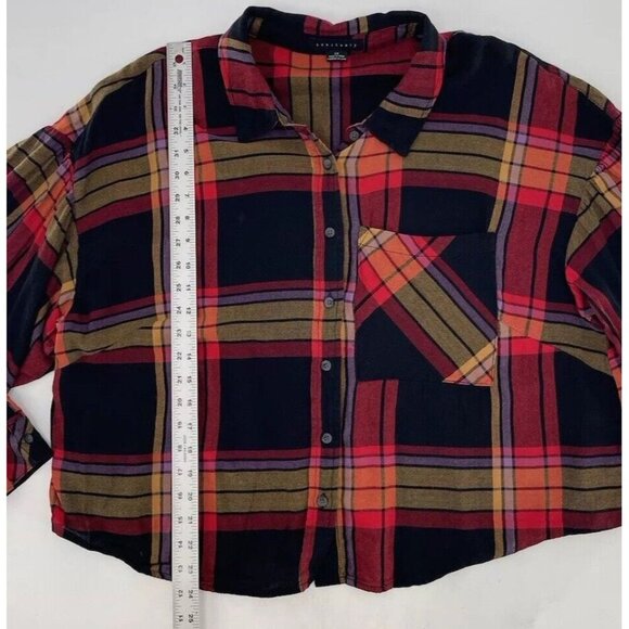 Sanctuary Plus Size Cropped Flannel Multicolor Plaid Puff‎ Sleeve Top Sz 2x Boho - Picture 9 of 10